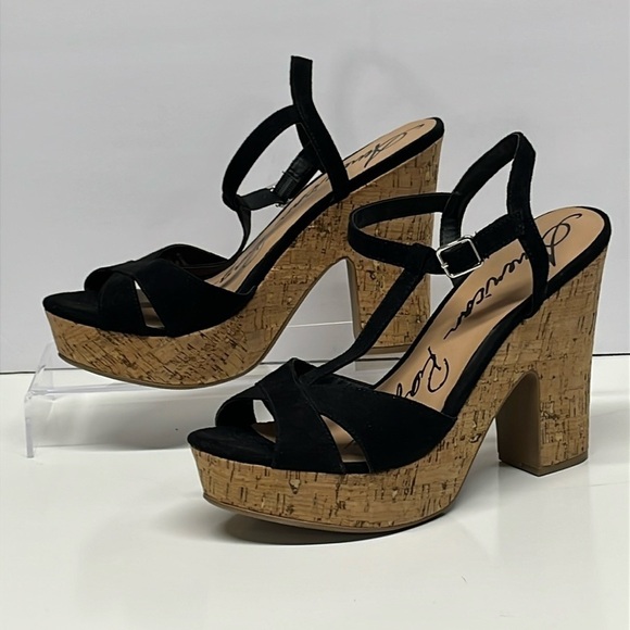 American Rag Cie Platform Sandal Size 9  Black Buckle Ankle Strap Cork 5” heel - Picture 1 of 10